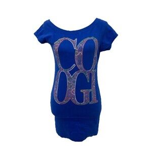Coogi Woman’s Shirt Big Logo Blue Short Cap Sleeve Boat Neck Long Size Small